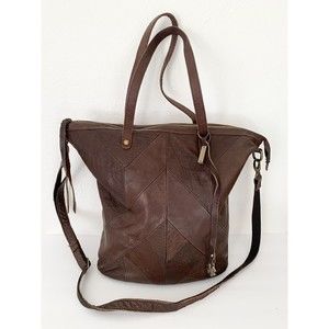 Lucky Brand Leather Large Tote Crossbody Bag Boho Purse Brown Chevron
